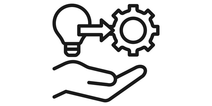 Innovation and implementation icon, hand holding light bulb and gear mechanism, creative process and technical execution concept, black line art on white