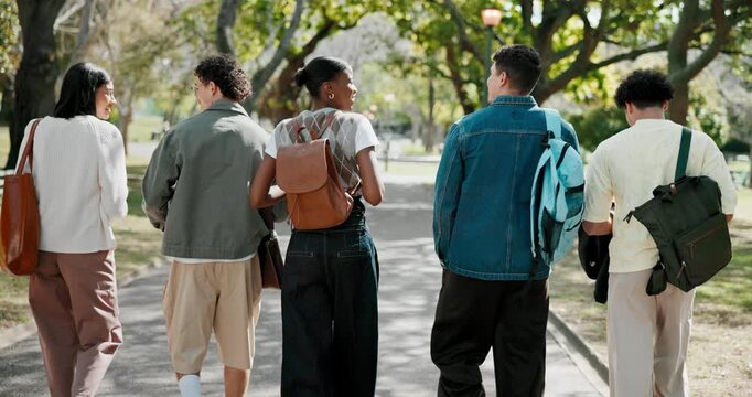 College, education and walking with friends, outdoor and conversation with group and laugh together. Back, students and funny discussion with happy people, bonding and travel on university campus