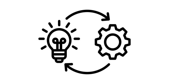 Innovation and implementation icon, light bulb and gear with cycle arrows, creative process and technical execution concept, black line art