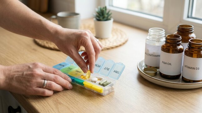 Hands organizing daily pills and supplements in a pill organizer with bottles of Multivitamin, Fish Oil, and Vitamin D3 in the background.