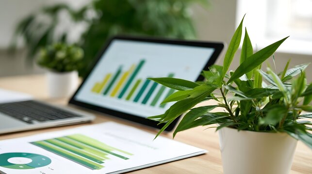 Modern office workspace with laptop displaying green and yellow bar charts  printed reports  and potted plants on wooden desk