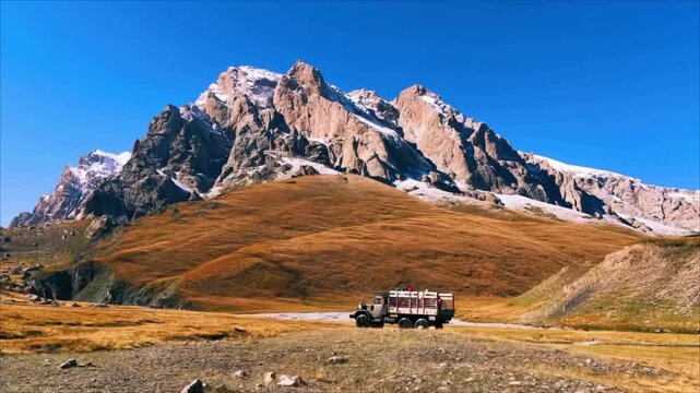 High altitude mountain landscape with an off-road truck crossing a glacial river under a clear blue sky in the wilderness