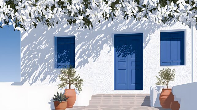 White Mediterranean villa with blue door and blooming white flowers