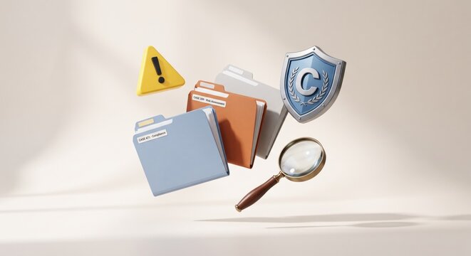 Suspicious activity reporting symbols with warning flags, compliance controls, document review, and risk signals.