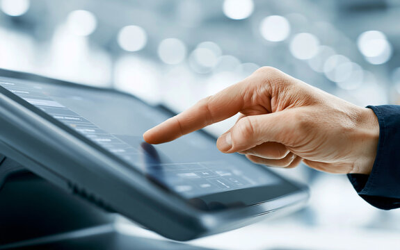 Customer making a payment with a biometric fingerprint scanner, futuristic security, payment, biometric authentication