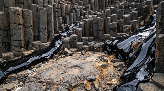 Basalt rock columns feature dark glossy liquid flowing through geometric hexagonal patterns in Icelandic nature landscape