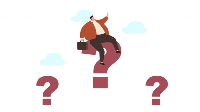 Businessman on question mark contemplating problems and seeking solutions