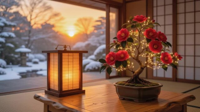 夕陽が差し込む雪の灯籠庭園を臨む和室の木製テーブルで格子行燈と鮮やかに咲き誇る満開椿盆栽ツリー