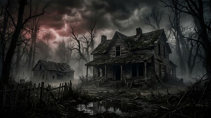 Obraz premium Haunted house creepy photo in dark scary forest landscape with spooky cabin and eerie sky