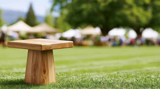 Small square pale wood pedestal table on green grass at outdoor garden gathering, creating calm natural setting with blurred guests and tents