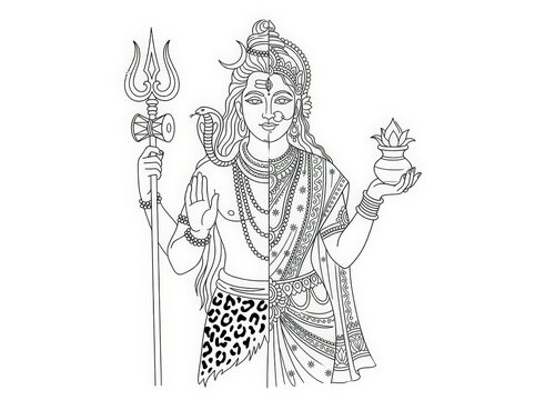 Lord Shiva and Goddess Parvati Divine Union in Traditional Indian Line Art Illustration