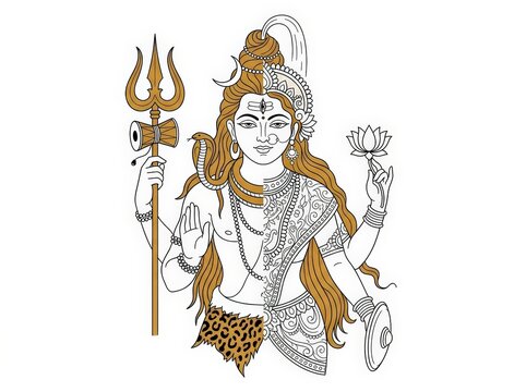 Lord Shiva and Goddess Parvati Divine Union in Traditional Indian Line Art Illustration