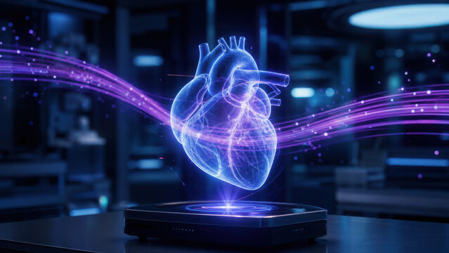 Glowing blue hologram human heart projection floating above technical device generated using ai