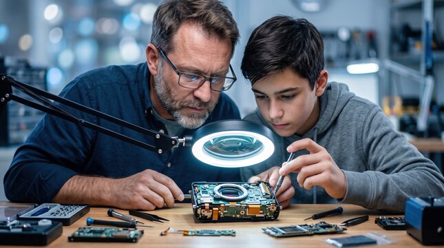 Father and son repairing a digital camera together in a workshop