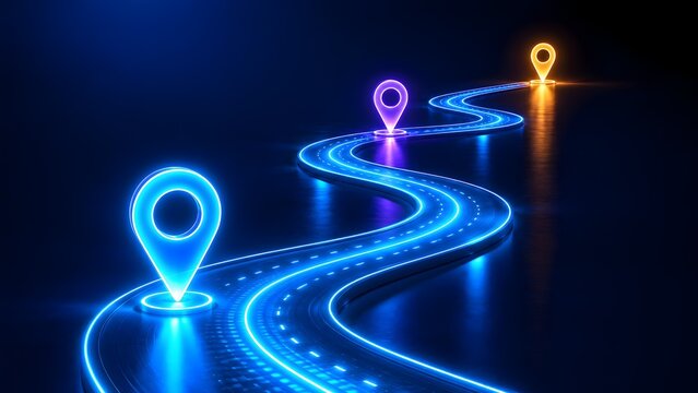 Glowing digital roadmap pathway with colorful location pins indicating business strategy milestones and logistics navigation.