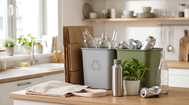 Kitchen recycling station with cardboard glass and metal waste separation for sustainable living