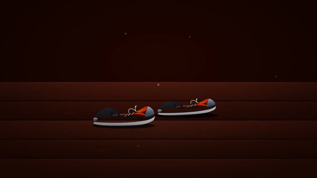Animated sneakers hovering and walking independently on a wooden floor surface