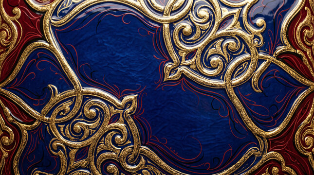 Intricate royal blue and metallic gold floral filigree pattern featuring ornate scrolls and rich crimson accents