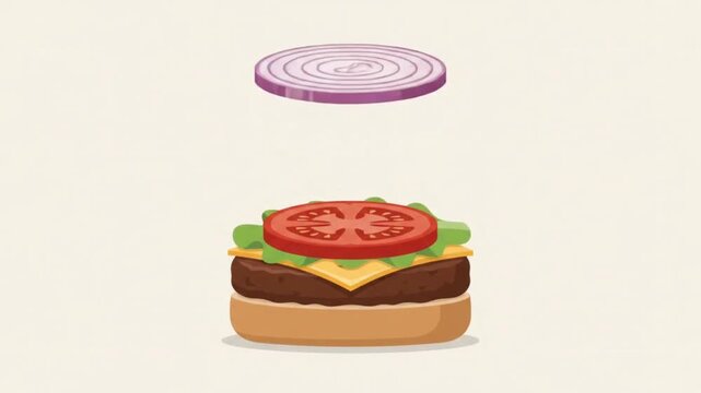 Disassembled Hamburger Illustration with Fresh Ingredients - Patty, Cheese, Lettuce, Tomato, Bun, and Floating Onion Slice