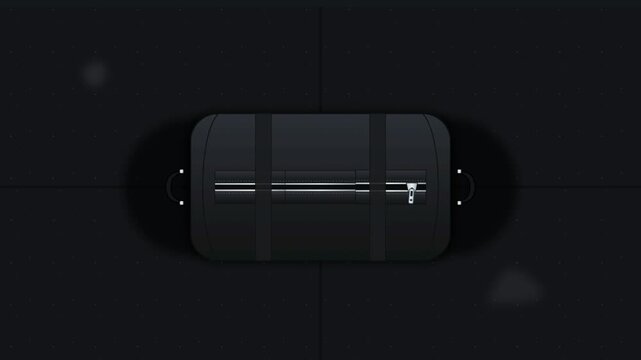 Animated black duffel bag packing and zipping up on dark background