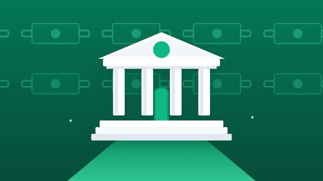 Abstract illustration of a bank building icon with financial symbols on a green background.