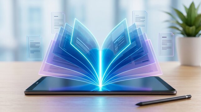 Future Digital Education and Interactive Learning with Glowing Open Book Representing Knowledge Innovation, Electronic Publishing and Smart Study