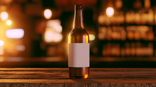 Brown beer bottle with white label on rustic wooden bar counter