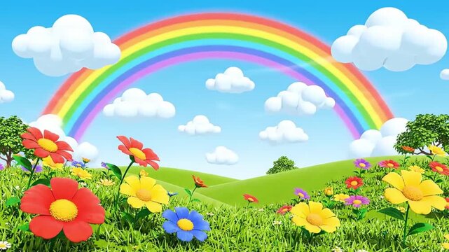 Vibrant meadow scene with rolling green hills and colorful blooming flowers under a bright blue sky with a glowing rainbow arch in this whimsical animated 3d digital motion video footage