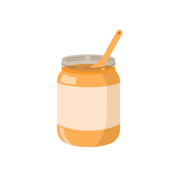 Glass jar of creamy peanut butter with a wooden spoon inside isolated on transparent background, Vector