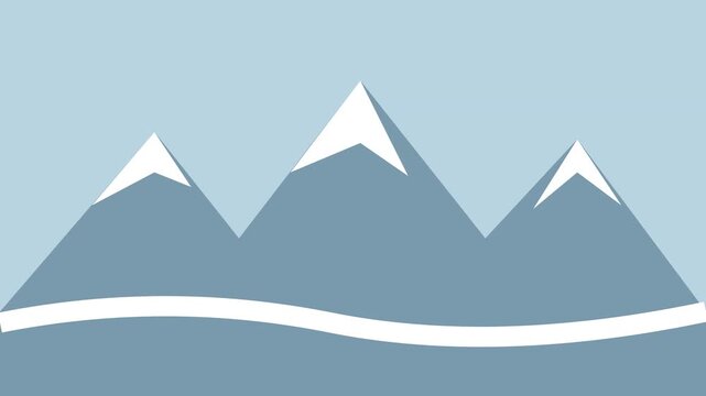 Snow capped mountain peaks with a white winding path on a light blue background, flat winter landscape animation