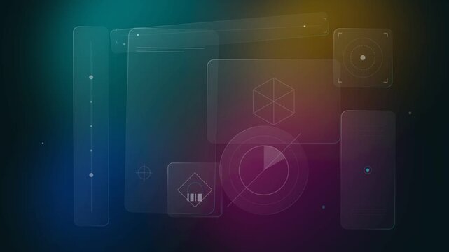 Futuristic digital user interface with glowing geometric shapes and data charts glowing over a dark colorful gradient background