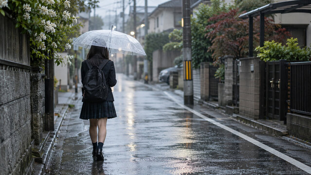 A Rainy Suburban Residential Street Photograph of a Schoolgirl in Uniform and a Backpack Holding a Clear Umbrella Walking Alone on a Wet Pavement