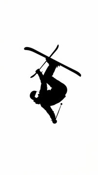 A black silhouette of a freestyle skier performing an aerial trick in the air.