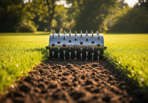 Close-up of a lawn aerator machine working on a green grass field.