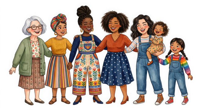 Digital watercolor of diverse women and children standing together in unity generated using ai