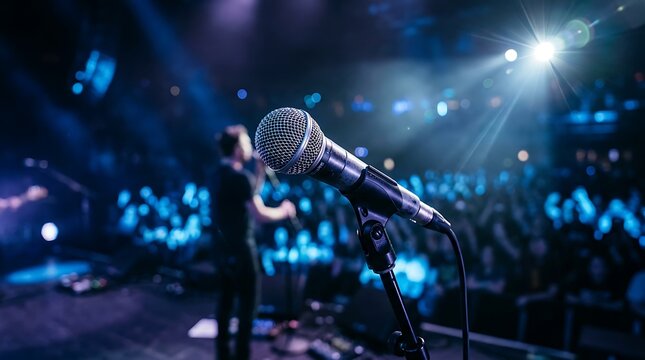 Silver microphone stands on stage during a vibrant music concert with blue lights and crowd