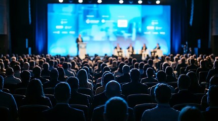 Obraz premium Professional speaker addressing a large crowd in a dark modern auditorium with bright blue screens