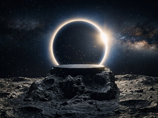 Fototapeta premium Dark Lunar Surface Cylinder Podium Stand with Solar Eclipse Ring Light and Milky Way Galaxy Space Background