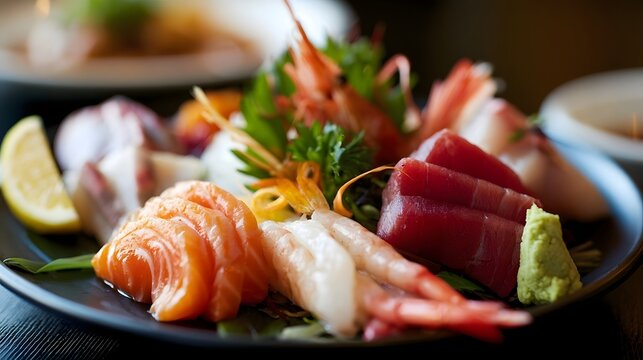 A beautifully arranged plate of fresh sashimi featuring salmon  tuna  shrimp  and garnishes with wasabi and lemon