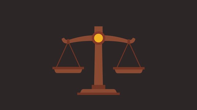 Vector illustration of a traditional balance scale, perfectly balanced on a dark backdrop, symbolizing justice and fairness.