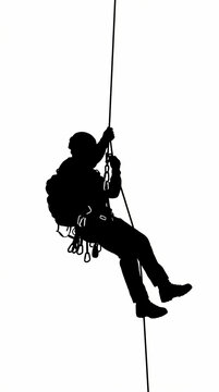 A silhouette of a professional rescuer rappelling down a rope during a high altitude operation.