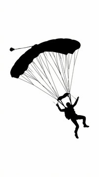 A black silhouette of a skydiver descending with an open parachute against a white background.