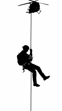 A silhouette of a soldier rappelling from a helicopter against a white background.