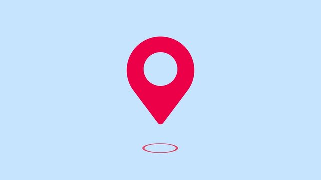 Bright red minimalist GPS location pin icon on a light blue background, symbolizing navigation and destination finding.