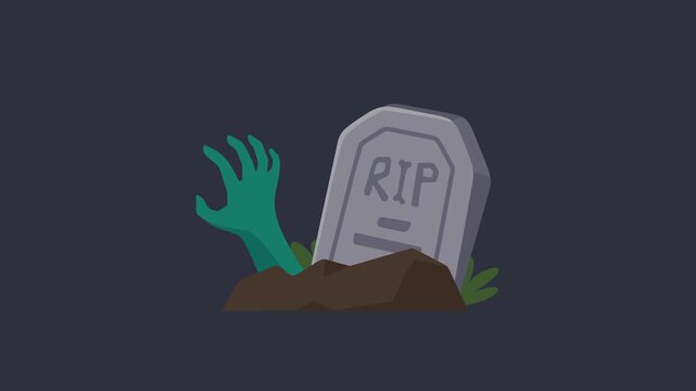 Dark illustration of an undead green hand emerging from a freshly dug grave beside a marked RIP headstone