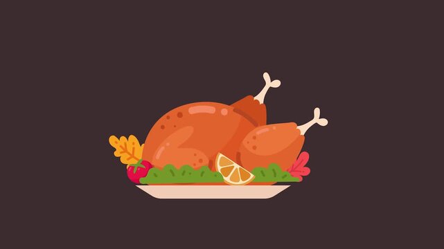 Stylized illustration of a steaming roasted turkey for Thanksgiving or Christmas dinner, served on a decorated platter.