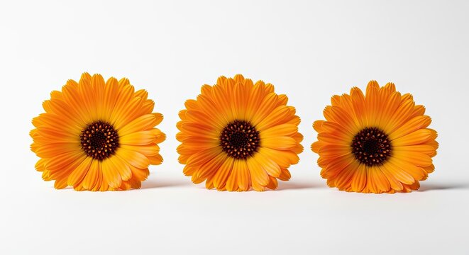 Three Vibrant Orange Calendula Flowers Lined Up Against a White Background.