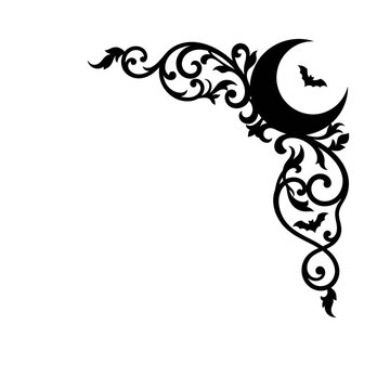 Gothic Halloween corner border vector, ornate filigree frame with crescent moon and bats, black damask scrollwork decorative element isolated on White Background halloween silhouette