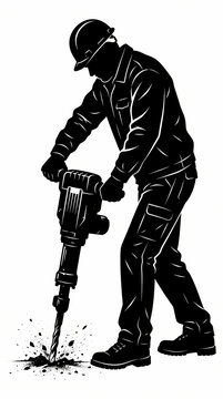 Black and white illustration of a construction worker using a jackhammer.