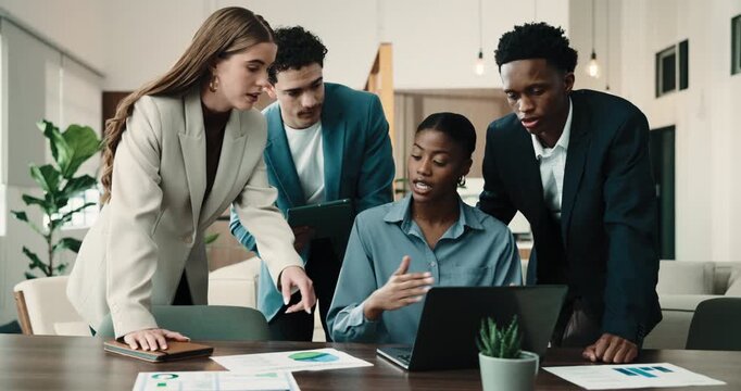 Business, laptop or people in office with paper, group feedback or budget analysis in finance agency. Collaboration, document or stats analyst with tech, team insight or forecasting on revenue report
